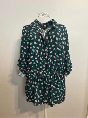 Eloquii Teal Floral Button-Front Top with Floral Accents